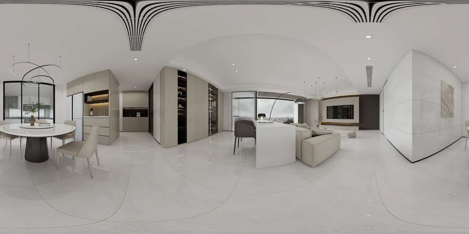 Wide panoramic interior visualization using Inspire GP12962J porcelain surfaces