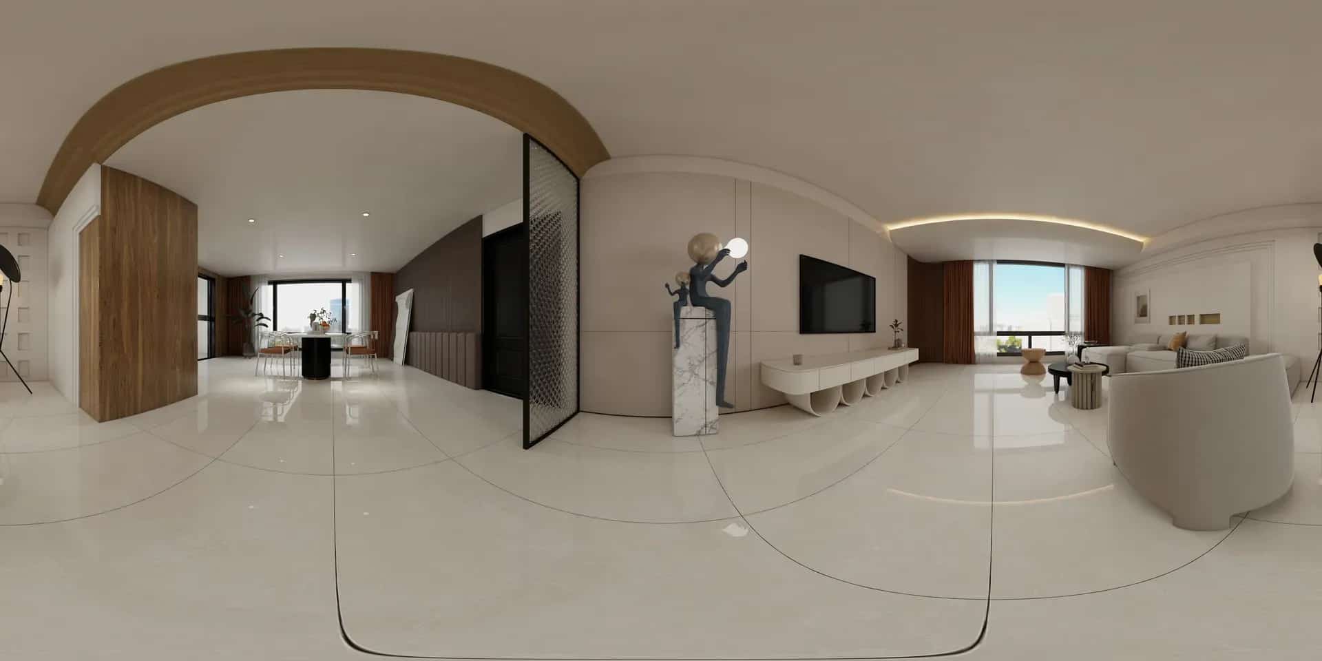 Wide panoramic interior visualization using Peace GP12H03J (Flow) porcelain surfaces