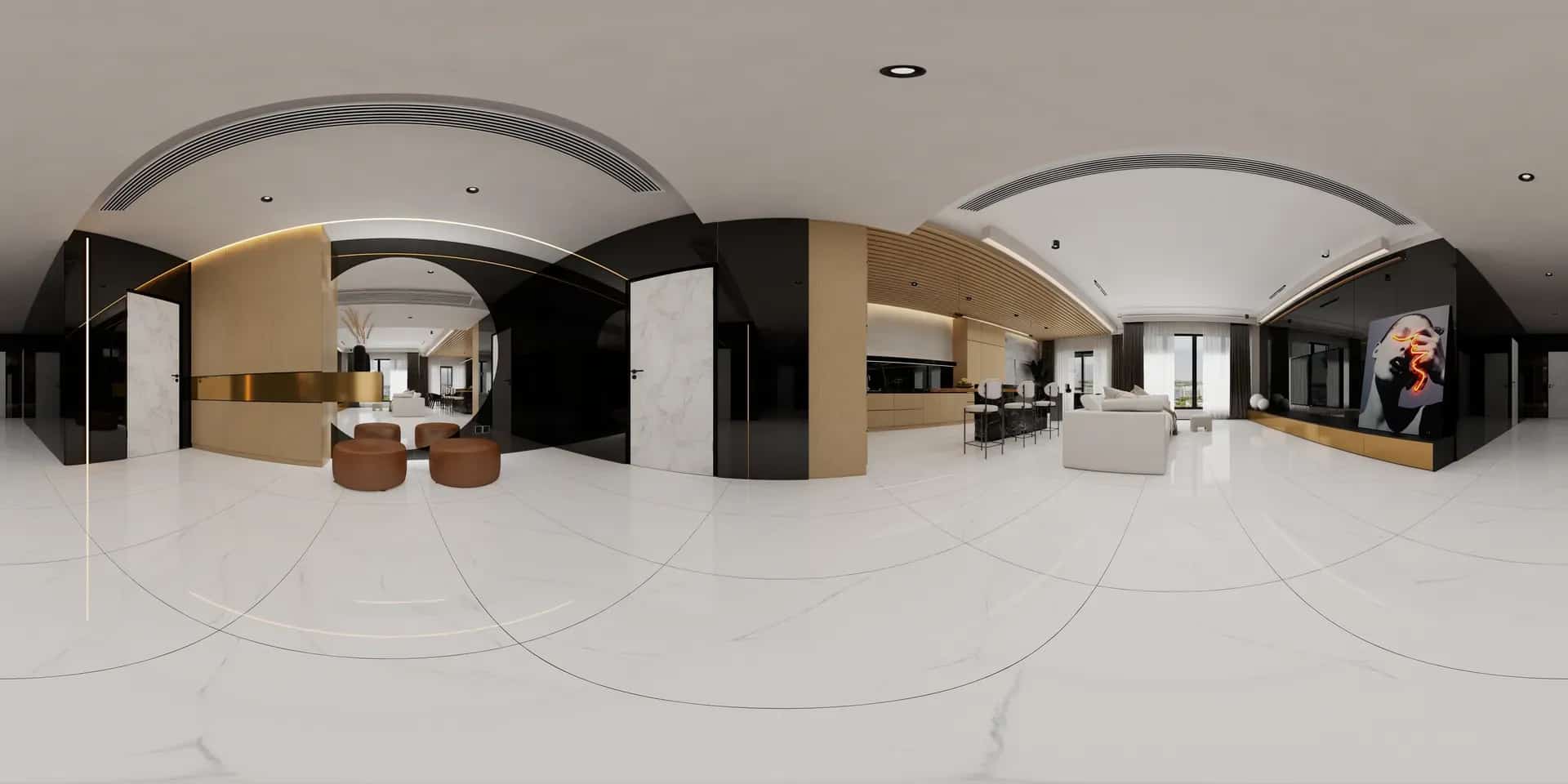 Wide panoramic interior visualization using Peace GP12H05J porcelain surfaces