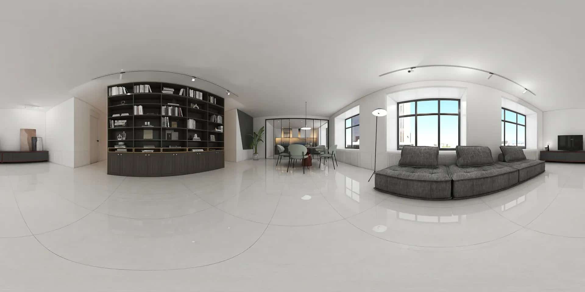 Wide panoramic interior visualization using Sunshine GP12032J porcelain surfaces